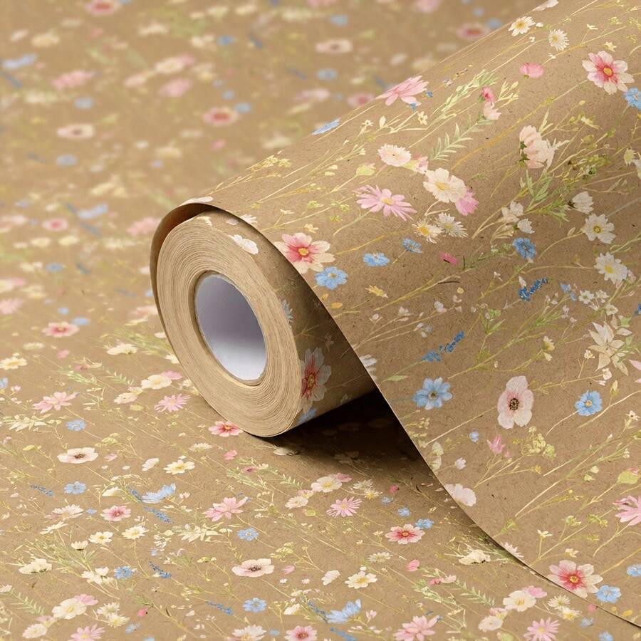 Rolled Vintage Wildflower Kraft Wrapping Paper, 43*500cm Watercolor Pastel Floral Print Gift Wrap For Birthday Wedding Holiday Present Packaging