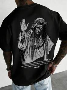 Camiseta estampada, camisetas de algodón con gráficos, tallas grandes, cuello redondo de dibujos animados, manga corta, camiseta de cuello redondo para hombre, manga corta vintage, Y2K, cami - Negro - Ver 1
