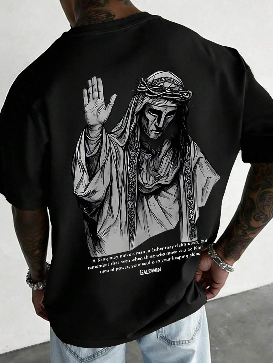 Camiseta estampada, camisetas de algodón con gráficos, tallas grandes, cuello redondo de dibujos animados, manga corta, camiseta de cuello redondo para hombre, manga corta vintage, Y2K, cami - Negro - Ver 1