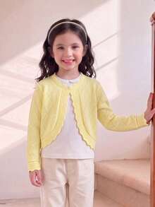 Áo khoác cardigan dệt kim mùa xuân thanh lịch dành cho bé gái, thiết kế khoét rỗng, họa tiết hình thoi và viền ren, mềm mại và ngọt ngào, phù hợp cho mặc hàng ngày hoặc đi chơi. - Màu vàng - Xem 2