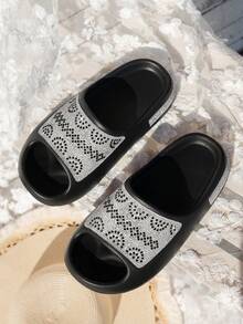 Sandalias tipo pantuflas de suela gruesa con strass y lentejuelas para adolescentes primavera/verano, suela blanda simple, cómodas y silenciosas para baño, dormitorio, oficina, playa, hogar, interior/exterior - Negro - Ver 5
