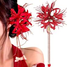 1pc Red Spider Lily Flower Hair Clips For Women Tassel Flower Clips For Hair Accessories Lycoris Radiata Floral Hairclip Clip Cute Decorativ - Red - View 6