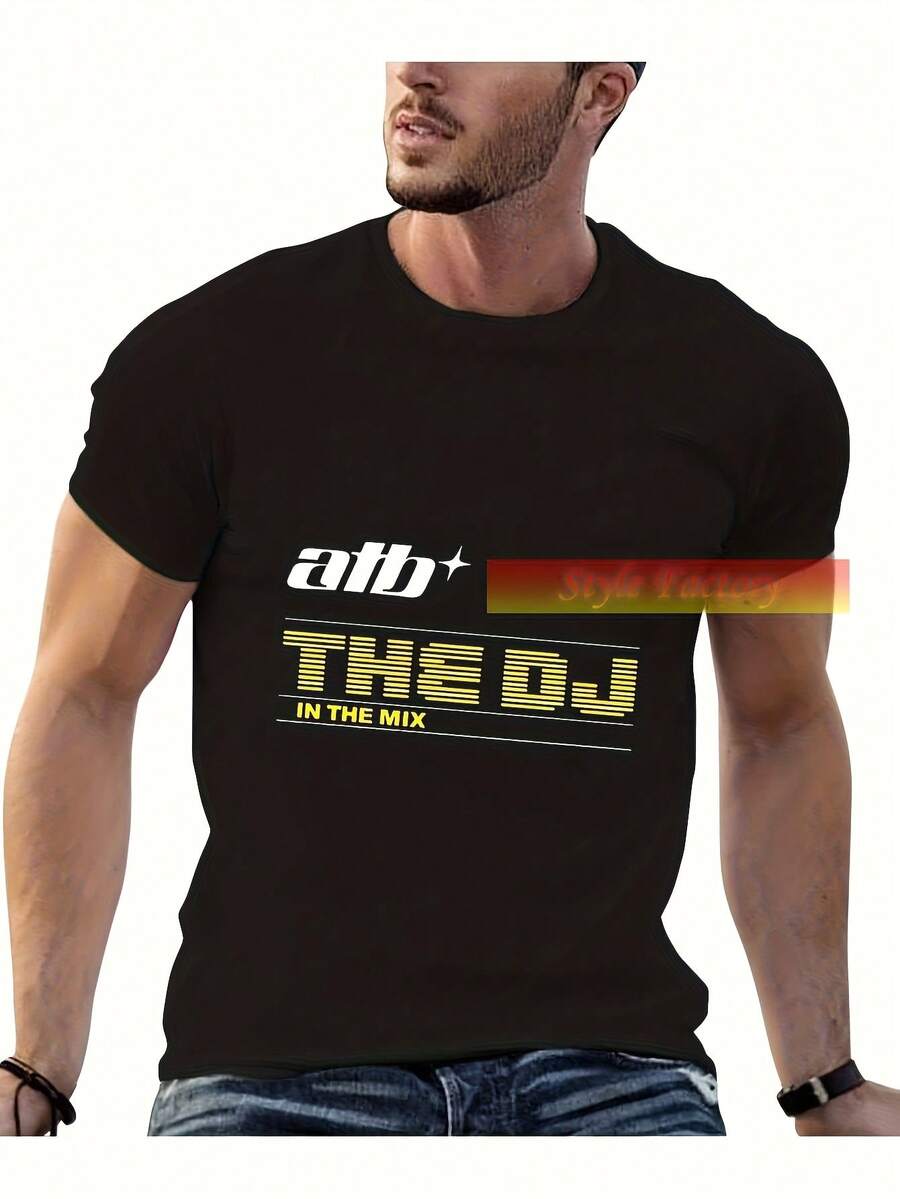 Camiseta de Hombre ATB Trance House Music DJ - El DJ en la Mesa de Mezclas y Gráfico de Onda de Sonido, Negra con Estampado Amarillo/Blanco, Manga Corta y Cuello Redondo para Festivales EDM, Eventos y Uso Casual - Negro - Ver 1