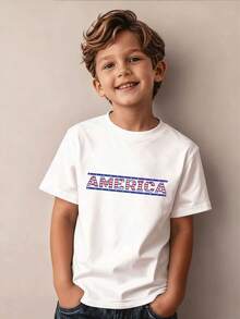 Camiseta Casual para Niños, Camiseta con Estampado de la Bandera Estadounidense con Estrellas y Rayas, Adecuada para Fiestas del 4 de Abril y Uso Diario, para Niños de 4 a 12 Años. - Blanco - Ver 1