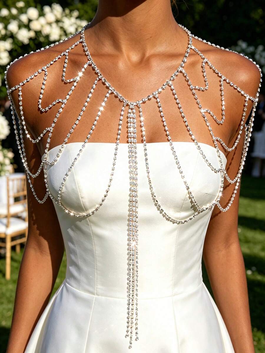 Luxuriöse funkelnde Strass-Schulterkette mit langen Quasten, Braut-Hochzeits-Schulterkette, Körperkette, Schmuck-Kleidaccessoire - Silber - Übersicht 1