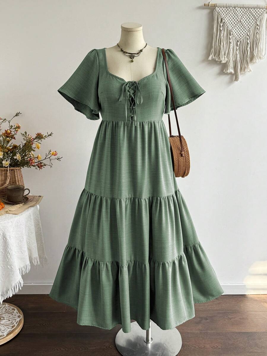 Rusttydustty Green Square Neck Ruffle Sleeve Tie-Front Gentle Style Long Dress For Women, Suitable For Autumn/Winter - Green - View 1