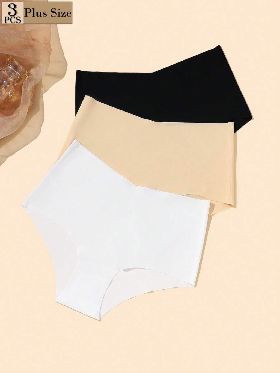 Aofeiqike 3pcs Plus Size Mid-Waist Seamless Panties, Solid Color Elastic No-Show Triangle Briefs, Invisible Anti-Sheer, Women's Daily Underwear