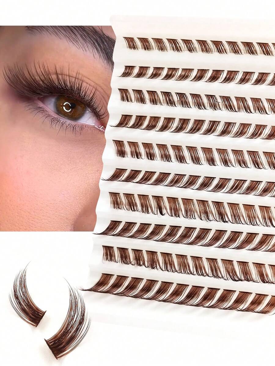 120pcs D Curl Brown Cat Eye Fox Eye Cluster False Eyelashes, Suitable For Holiday Party Travel Makeup, Beginner Friendly, DIY Eyelash Extension Clusters, Mocha Color