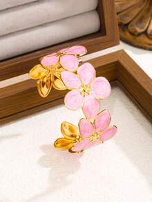 1pc Romantic Colorful Enamel Flower Stainless Steel Bangle Bracelet, Suitable For Women's Wedding Or Travel Wear, Also As A Valentine's Day Gift For Loved Ones - Yellow Gold - View 13