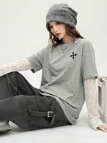 JUTU Spring Summer Autumn All Seasons 2 In 1 Mesh Sleeve Round Neck Loose New Lace Patchwork Sleeve Floral Print Grey T-Shirt Avant-Garde Casual - Medium Gray - View 4