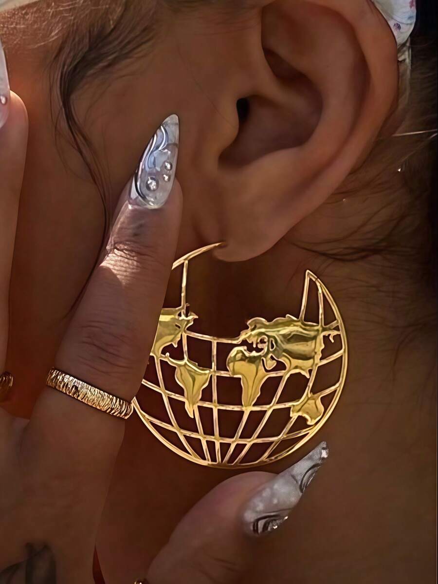 Vintage Hollow Geometric Globe World Map Hoop Earrings Open Grid Continent Statement Drop Earrings For Women - Yellow Gold - View 1