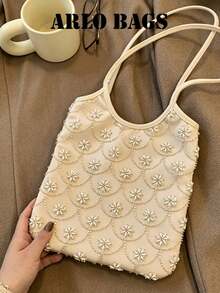 Off-White Handmade Beaded Daisy Shoulder Bag, Delicate Spaghetti Strap Vacation Bag, All-Over Floral Beaded Lightweight Handbag, Essential Accessory For 2026 Spring/Summer Beach Vacation And Travel Enthusiasts, Ideal For Beach Trips, Resort Stays, Poolside Moments And Island Getaways - Beige - View 7