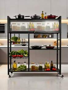 4-Tier Storage Cabinet With Adjustable Shelves & Magnetic Doors - Heavy Duty Carbon Steel Kitchen Organizer For Microwave, Cookware, Toiletries - 5-Height Adjustable PVC Shelving Unit For Home, Bathroom, Living Room (White) - 黑色 - 查看 3