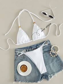 Conjunto de bikini para mujer, traje de baño de 2 piezas de unicolor, top triangular de cuello halter con tanga de pierna alta, ropa de playa sexy para verano, traje de baño de vacaciones para damas en color blanco - Blanco - Ver 2