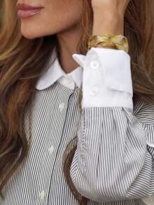 New Fashionable & Elegant Patchwork Contrast Color Button Ruffle Trim Striped Long Sleeve Casual Mid-Length Shirt, Suitable For Vacation, Office, Daily Wear, Travel Spring - Black and White - View 4