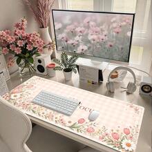 1pc Cream Floral Plaid Mouse Pad, Soft Focus Macaron Color Desk Mat, Non-Slip Large Keyboard Pad, Suitable For Office, Study, Laptop, Girls Desktop Decor - View 1