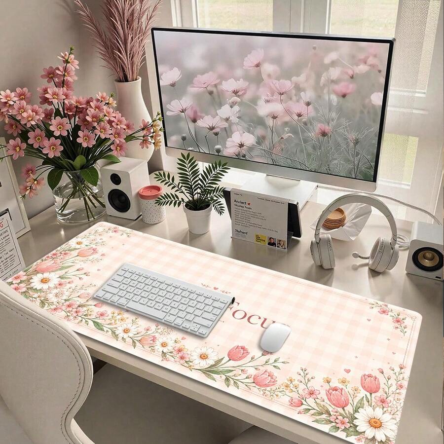 1pc Cream Floral Plaid Mouse Pad, Soft Focus Macaron Color Desk Mat, Non-Slip Large Keyboard Pad, Suitable For Office, Study, Laptop, Girls Desktop Decor - View 1