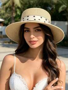 1 Elegant Polka Dot Straw Hat, Suitable For Spring And Summer Wear. Suitable For Outdoor Activities, Beaches, Travel, And Vacations. Features Sun Prot - J - View 2