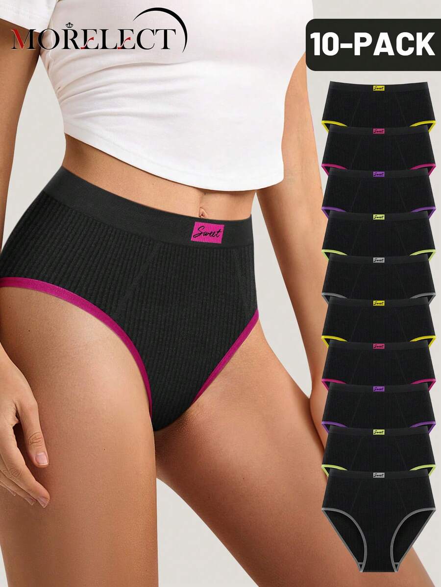 Morelect 10pcs Women's Multi-Color High Waist Contrast Color Comfortable Briefs
