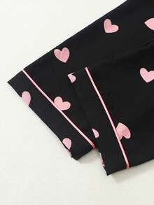 Heart Print Short Sleeve Top, Shorts And Long Pants 3 PiecesWomen's Pajama Set - Black - View 10