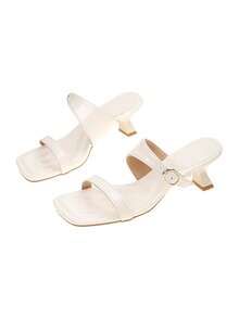 Summer New Double Strap Metal Buckle Square Toe Stiletto Heel Sandals, Casual Daily Wear Home Slouchy Style Comfortable Relaxed Black High Heel Sandals, White High Heel Sandals, Beige High Heel Sandals - White - View 6
