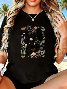 Women's T-Shirt, Flowers And Butterflies, Everyday Summer Wear - 黑色 - 查看 1