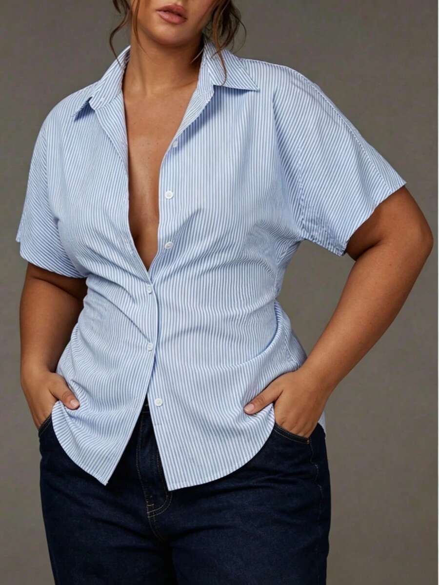Blue & White Striped Sleeveless Lapel Plus Size Blouse Loose Fit Casual Top Summer - Blue and White Stripes - View 1