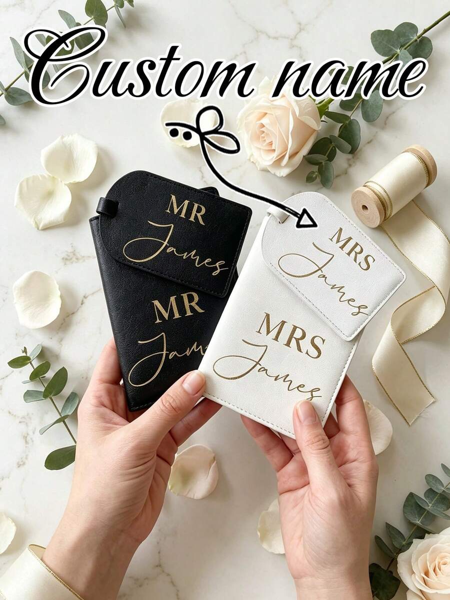 Personalized Custom Name Text Unisex PU Leather Passport Holder And Luggage Tag Set, Elegant Minimalist Style, Exclusive Customization, Exquisite, Enhances Ritual Feeling, Easy To Distinguish, Waterproof And Wear-Resistant, Daily Use, Wedding Souvenir, Suitable For Couples Honeymoon Travel, Holiday Vacation, Students, Couples Travel, Back To School Season Travel, Back To School Gift, Teacher's Day Gift, Personalized Exquisite Gift For Them, Conveying Beautiful Blessings - Multicolor - View 1