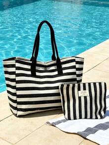 Large Capacity Black And White Striped Beach Tote Bag, Foldable Canvas Shoulder Bag, Waterproof And Sandproof Travel Bag, Suitable For Summer Essentials, Perfect For Beach Trips, Swimming, Shopping And Daily Use, Suitable For Women, Travelers And Beach Lovers, Perfect For Spring Break, Easter, Mother's Day, Teacher's Day, Graduation Season, Back To School, Christmas, Vacation And Gifts, Woven Material, Can Be Used As Beach Bag, Shopping Bag And Travel Companion, Best Travel Partner For Women - Multicolor - View 4