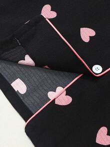 Heart Print Short Sleeve Top, Shorts And Long Pants 3 PiecesWomen's Pajama Set - Black - View 7