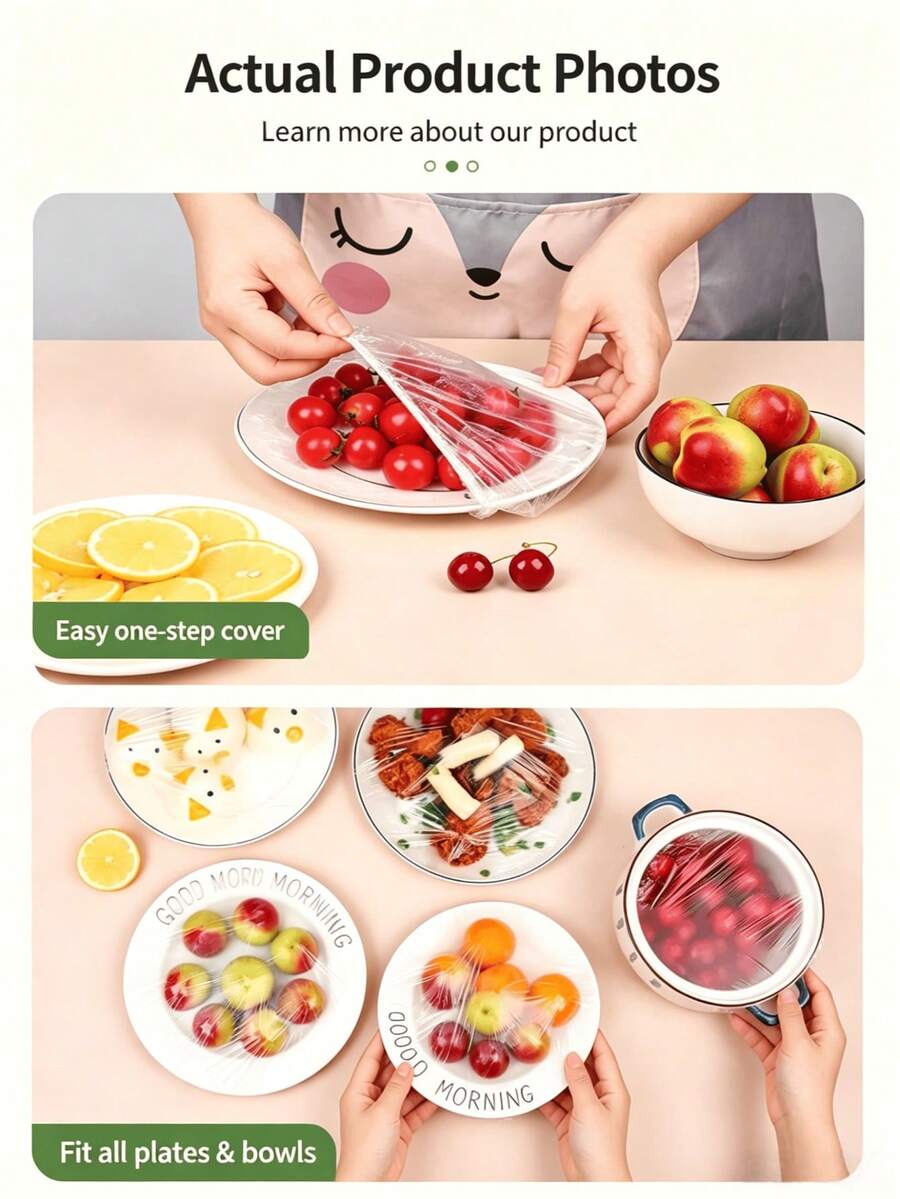 300/500入彈性食品保鮮膜,可拉伸透明盤子蓋,可重複使用,多用途無味廚房保鮮膜,防塵,適用於居家、餐廳、野餐,適合所有盤子尺寸,野餐必備,塑膠食品保鮮膜 - 白色 - 查看 1