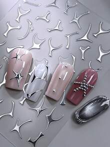 6sheets 3D Metallic Abstract Silver Nail Stickers, Asymmetric Leopard, Star, Curve Line, Multi-Style Nail Decals, Mixed Multi Pattern Design Y2K Self-Adhesive Nail Art Stickers, DIY Manicure Decorations For Nail Salon & Home Nail Art - Multicolor - View 4
