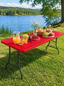 1pc-Red Stretch Spandex Tablecloth 6FT, Fitted Rectangular Table Cover For 72 X 30 Inch Tables, Washable Elastic Tablecloth For Christmas, Parties, Weddings And Events - Red - View 10