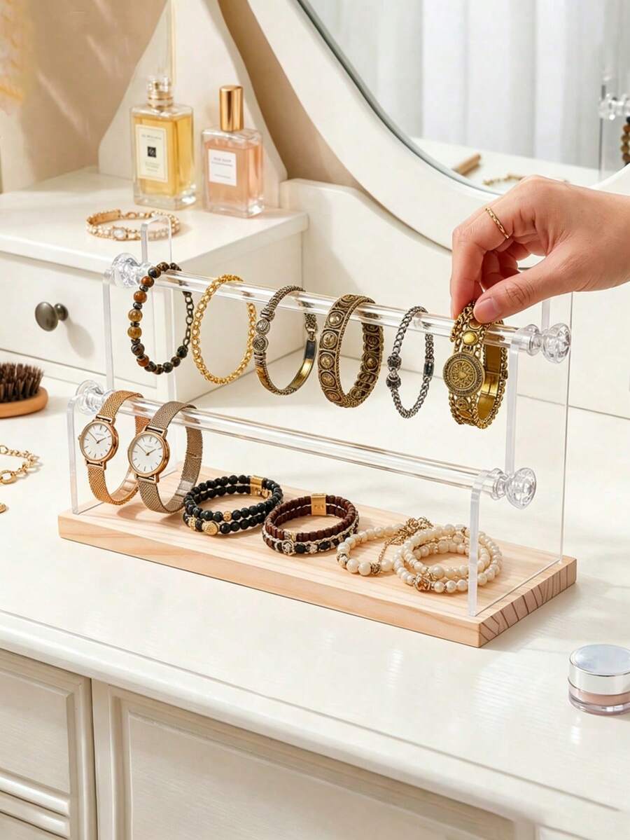 1pc 2-Tier Stepped Jewelry Display Stand, Multi-Rod Detachable Watch Storage Rack, Wooden Base Transparent Acrylic Accessory Display Stand, Suitable For Bedroom, Jewelry Store, Vanity And Accessory Shop - Clear - View 1