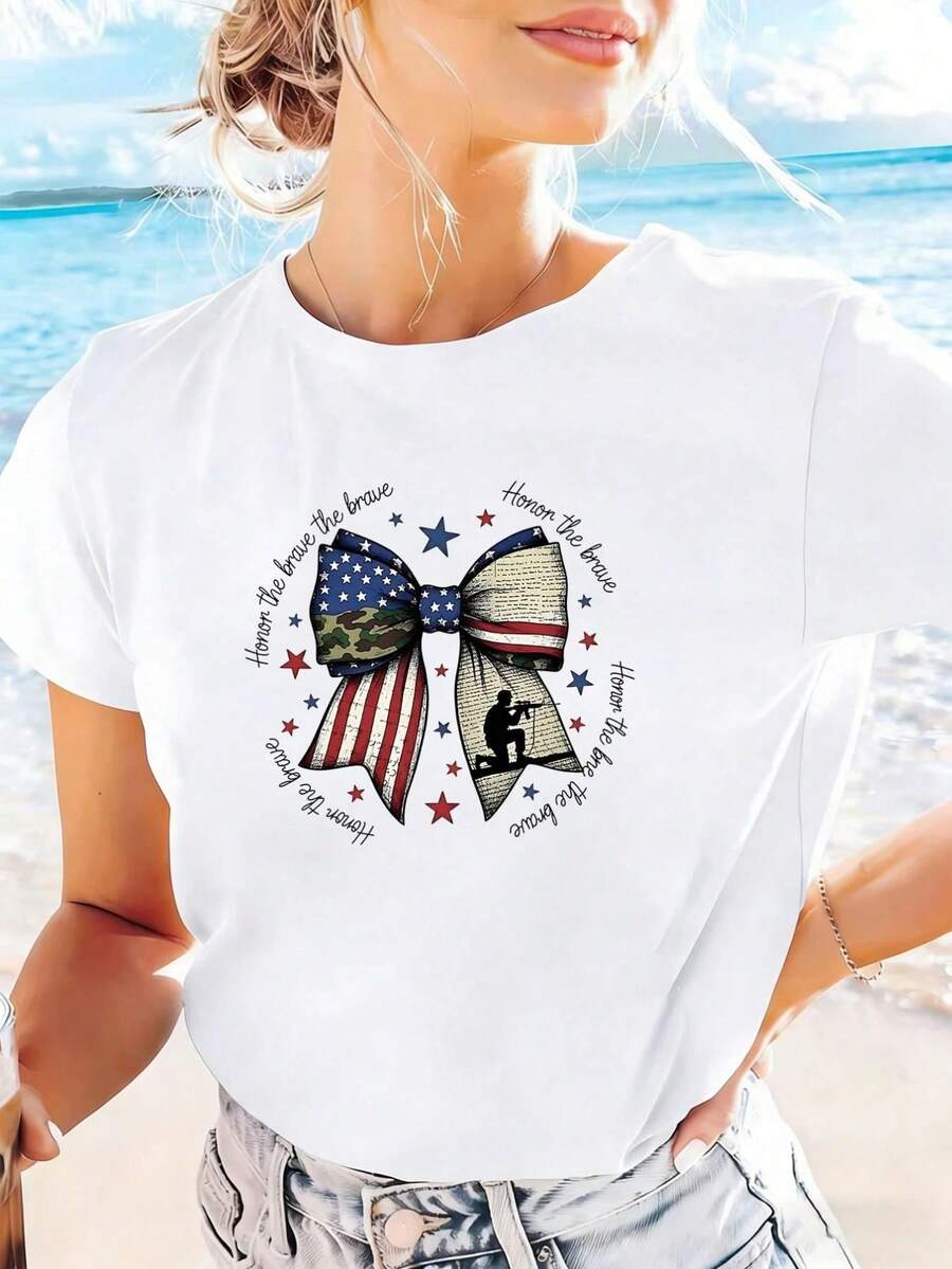 Camiseta de aodón con gráfico para mujer con lazo patriótico y estampado de estrellas, camiseta casual de manga corta suave para uso diario en verano