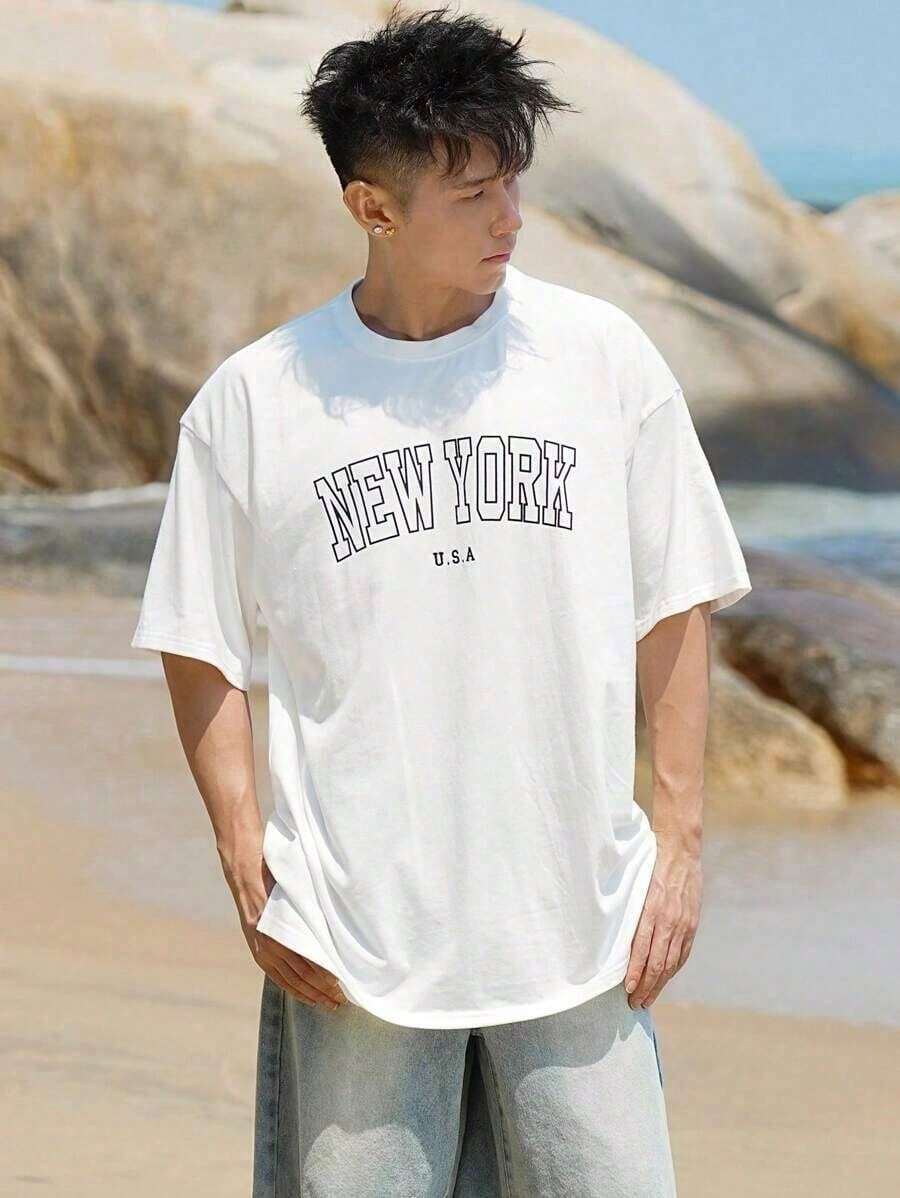 Camiseta negra de manga corta con estampado de letras para hombre, adecuada para el verano, camisetas gráficas - Blanco - Ver 1