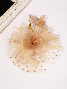 1pc Women's Tea Party Headband, Kentucky Derby Floral Mesh Fascinator Hair Clip, Wedding Accessory - Gold - View 4