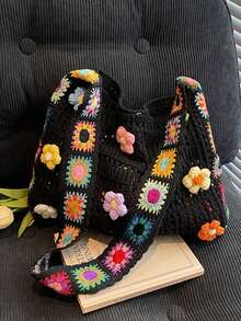 Retro Hand-Crocheted Crossbody Bag Bohemian Hollow-Out Floral Contrast Color Tote Bag Large Capacity Beach Bag Functional Boho Bag For Shopping Travel - 彩色 - 查看 12