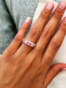 Anillo chapado en oro rosa de cobre con circonita incrustada, anillo de dedo de diseño de nicho de lujo apilable, anillo de dedo con alto índice de retención de color - Dorado - Ver 2