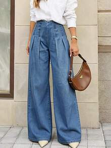 Jeans de cintura alta y pierna ancha para mujer - Azul - Ver 2