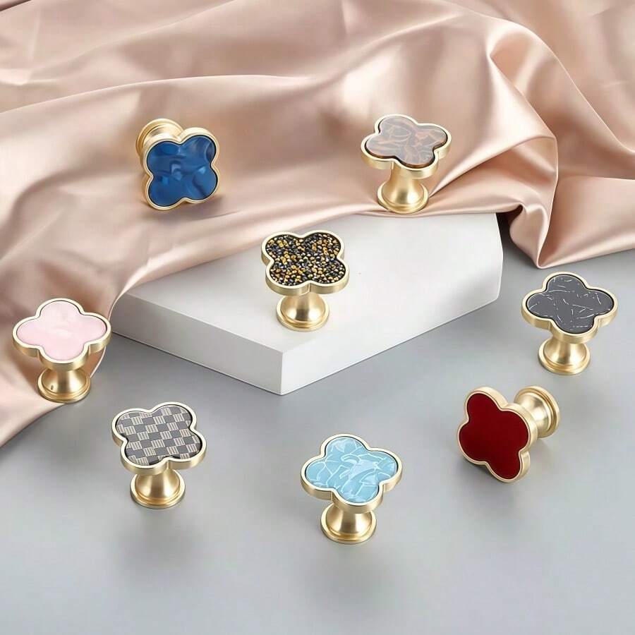 Elegant Clover Furniture Handles 4 Packs Multi Tone Resin Gold Frame Cabinet Handle Modern Drawer Knobs For Cupboard Dresser Closet Decor - Clovers-4Pcs - View 1