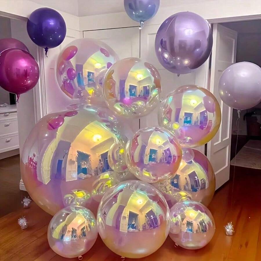 Iridescent Foil Round Balloons (1 X 22 Inch, 3 X 12 Inch, 3 X 10 Inch), 4D Spherical Balloons, For Wedding, Birthday, Valentine's Day, Anniversary, Mother's Day, Father's Day, Graduation Decorations - 多色的 - 查看 1