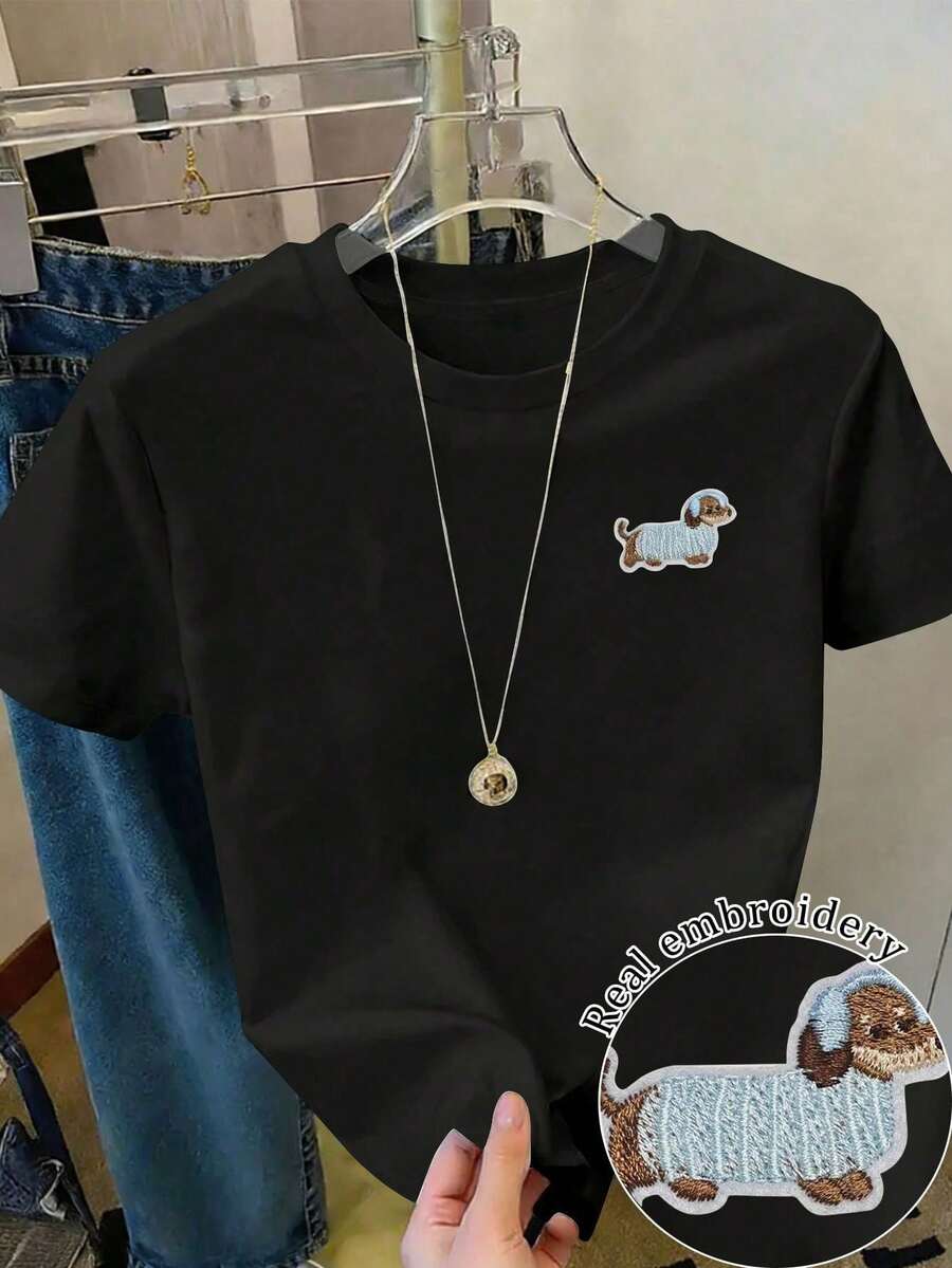 Resyla Women's Short Sleeve Crew Neck T-Shirt With Casual Dachshund Embroidery, Versatile - 黑色 - 查看 1