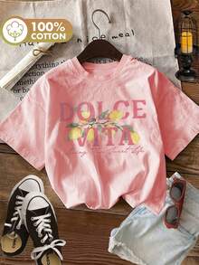 Top Estivo da Donna 2026, Motivo di Limoni e Foglie in Stile Acquerello, T-Shirt a Maniche Corte con Collo Rotondo e Stampa "DOLCE VITA" (Vivere la Dolce Vita) - nero - Visualizzare 9