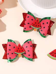 2pcs Yellow Lemon Hair Clips Girls Hair Accessories, Red Watermelon Bow, Shiny Glitter Crocodile Clip Bow Hair Clips, Sweet Fruit Hair Clips, Cute Y2K Style Teenage Girls Summer Dopamine Gift Vacation Daily Hair Accessories - Multicolor - View 3