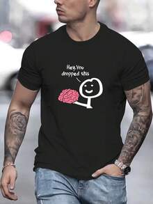 Men's Casual T-Shirt With Funny Brain Graphic Print, Classic Crew Neck, Short Sleeve, Fashionable T-Shirt, Comfortable And Stylish Urban Clothing - 黑色 - 查看 1
