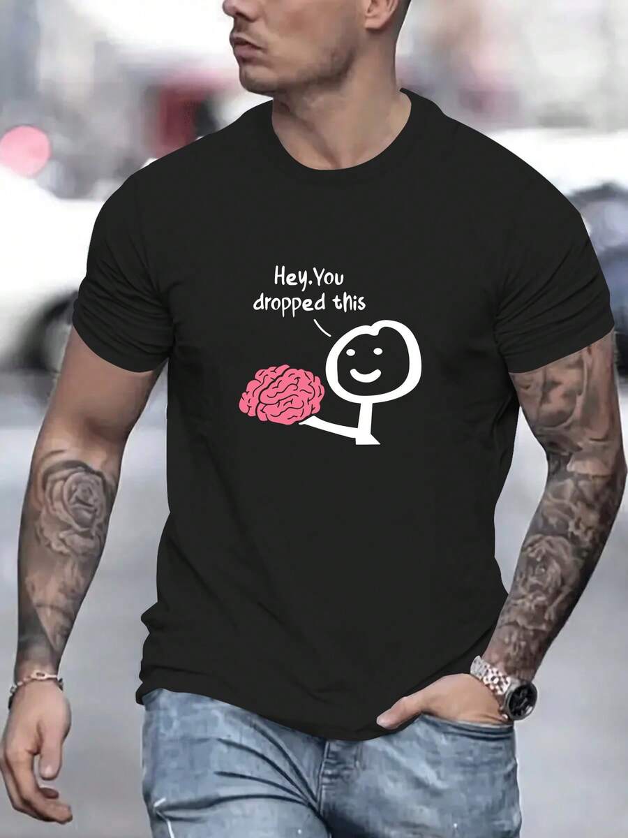Men's Casual T-Shirt With Funny Brain Graphic Print, Classic Crew Neck, Short Sleeve, Fashionable T-Shirt, Comfortable And Stylish Urban Clothing - 黑色 - 查看 1
