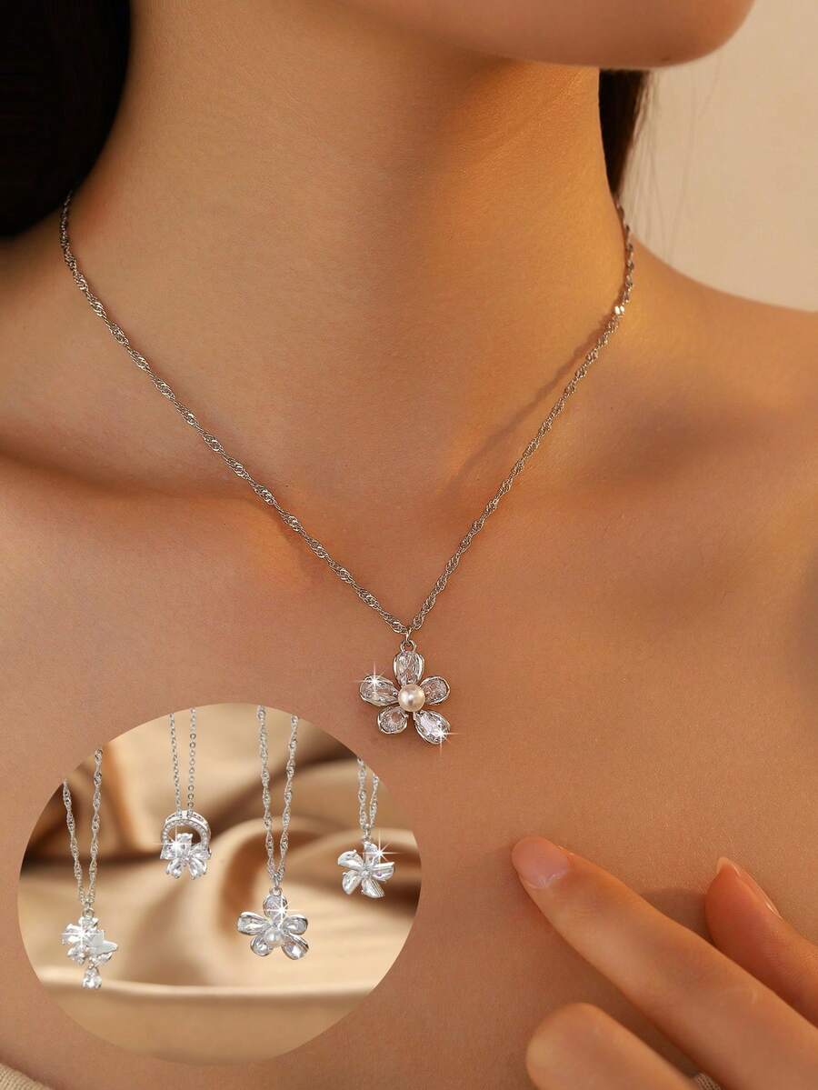 1件优雅奢华的花卉蝴蝶吊坠项链，锆石和珍珠设计，银链，百搭女士项链，适合度假和婚礼季佩戴 - 彩色 - 查看 1