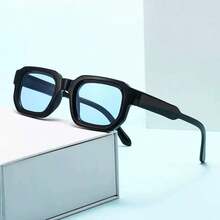 Unisex Retro Thick-Rimmed Small Square Frame Glasses, Available In Single Pair Or 3-Color Set, Glossy Black Thick Frame With Multi-Color Translucent Lenses, American Street Style Daily Outfit Accessory - 黑框藍片 - 查看 2