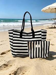 Large Capacity Black And White Striped Beach Tote Bag, Foldable Canvas Shoulder Bag, Waterproof And Sandproof Travel Bag, Suitable For Summer Essentials, Perfect For Beach Trips, Swimming, Shopping And Daily Use, Suitable For Women, Travelers And Beach Lovers, Perfect For Spring Break, Easter, Mother's Day, Teacher's Day, Graduation Season, Back To School, Christmas, Vacation And Gifts, Woven Material, Can Be Used As Beach Bag, Shopping Bag And Travel Companion, Best Travel Partner For Women - Multicolor - View 12